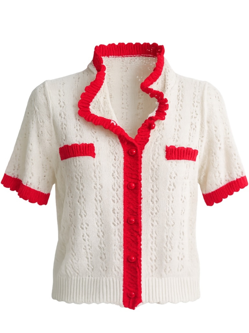 Cream Pointelle Knit Cardigan Red Trim Babydoll Sweater Top Cottagecore Coquette